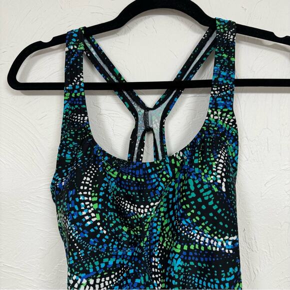 Speedo Blue & Green Spotted One Piece Swimsuit Womens 12 Modest Swim Vacation - Picture 2 of 7